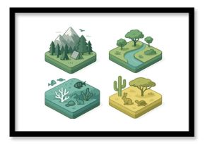Isometric icons depicting four natural biomes: mountain forest, river landscape, underwater reef, and desert