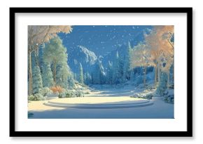 Winter podium in the snow surrounded by trees and mountains under a starry night