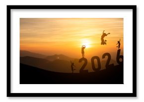Joyful silhouettes celebrating 2026 with sunset backdrop and energetic leaps against a mountainous landscape, symbolizing hope and new beginnings