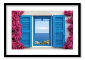 blue shuttered window framed by vibrant pink bougainvillea overlooking a tranquil azure sea and rocky coastline, peaceful summer view