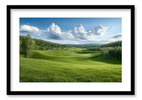 Enjoy the beauty of a lush green field under a blue sky scattered with white clouds in the Swedish countryside, with distant farms visible