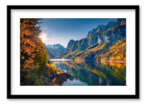 Astonishing autumn scene of Vorderer(Gosausee) lake. Spectacular morning view of Austrian Alps, Upper Austria, Europe. Beauty of nature concept background.