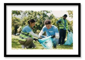 Team, volunteer and cleaning outdoor with trash bag for sustainability, conservation or ngo. Happy people, help and pick up garbage for community service, recycle or earth day with waste management