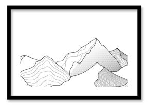 Mountain landscape vector line illustration with black contour peaks and flowing terrain shapes — adventure nature design for hiking, outdoor travel and exploration