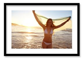 Happy, sunset and woman by beach with fashion for summer holiday, tropical vacation and weekend. Travel, tourist and person with freedom, smile and relax by ocean, nature and sea in swimwear in Bali