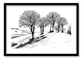 Winter landscape scene with snowy hillside and bare trees in engraved decorative style