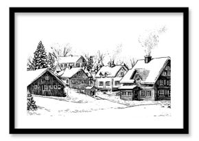 Winter scene of a snowy village horizon with charming rustic houses