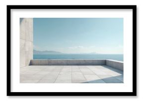 Empty concrete terrace with modern tiled floor, serene sea view. Large outdoor patio overlooks calm ocean, distant city skyline. Architectural space provides clean, spacious background for product
