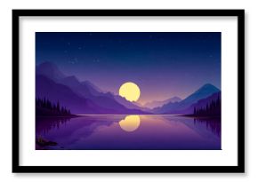 Moon rising above violet ridges in a quiet night. Night landscape moon.