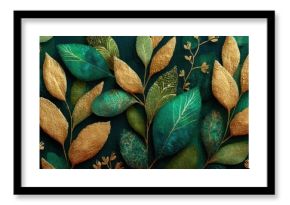 Seamless pattern of gold and green leaves with foil texture on dark backdrop