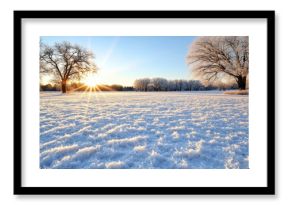 Snowy field sunrise frosted trees winter morning cold serene landscape
