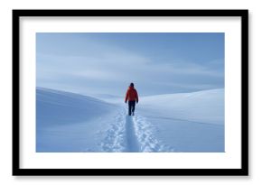 Solo adventurer embraces solitude crossing untouched snow on a lonely winter path.