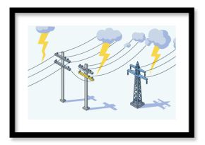 Power outage risk with thunderstorm and electric poles in isometric style