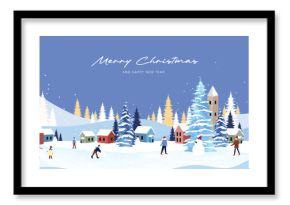 Christmas and Happy New Year winter village vector background with snowy trees, festive houses, people and snowman — peaceful holiday greeting card design and wallpaper