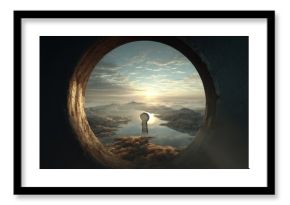 Keyhole view of sunlit landscape, [success opportunity], [concept of visualizing and unlocking potential]
