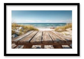 Bright Summer Picnic Table With Beach View Under Sunny Sky and Open Space for Enjoying Outdoor Meals Near Ocean