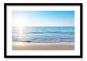 Gentle calm oceanfront mood blank smooth center sunrise over sandy beach and tranquil sea