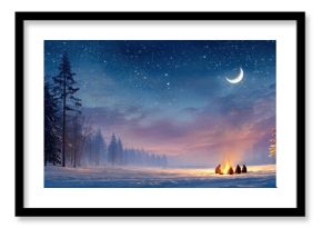 People sitting around a campfire on a snowy winter night under a starry sky with a crescent moon. Cozy outdoor gathering for holiday.