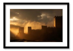 Golden hour bathes a medieval fortress in ethereal light, silhouettes of towers and walls piercing through misty clouds, evoking history and timeless grandeur.