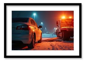 Broken car loaded onto tow truck at snowy parking lot at night. Roadside help vehicle with flashing lights aids stranded driver. Winter car recovery service.