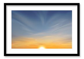 Realistic sunset sky with clouds, sun going down on horizon. Vector illustration of beautiful natural background, dramatic sunrise above sea or field, beautiful yellow blue gradient, heavenly skyline