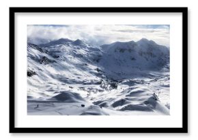 View of ski slope in Obertauern resort, Austria. Mountain winter panorama landscape in Alps.