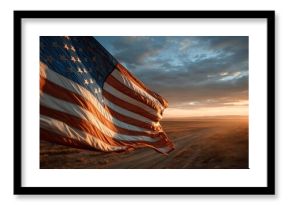 United States Flag at Sunrise Over Open Plains with Vibrant Sky
