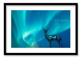 Copper-plated shiny dee, Aurora borealis in the background- Christmas decoration on abstract background 2026