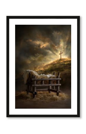 Empty Manger with Cross on the Hill – AI Generative