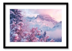 Delicate pink flowers covered with fresh snow create a stunning contrast against the backdrop of majestic snow capped mountains at sunset