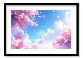 青空に舞う桜の花びらの背景素材、ピンク色の日本の桜、春を感じるさわやかなイメージ、生成AI