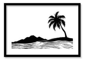 Simple tropical island silhouette with palm tree and ocean waves black and white line art