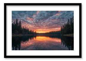 Scenic lake and forest scene at sunset, suitable as a tranquil background for text and layout