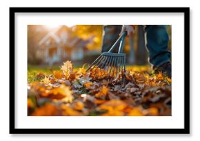 Person Raking Fallen Leaves in Autumn