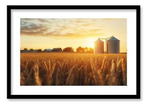 Golden wheat field with silos at sunset in rural farmland during harvest season