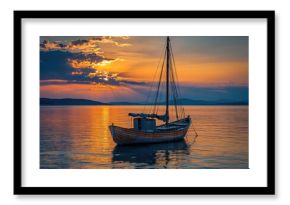 Wooden Sailboat at Golden Sunset in Dalmatia, Croatia. Evening Bay View with Blue Ocean and Island Silhouette