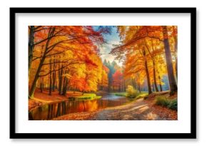 Autumn forest with colorful trees and a river, nature, fall scenery