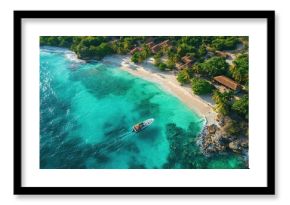 Luxury motorboat sailing on turquoise water near tropical island resort