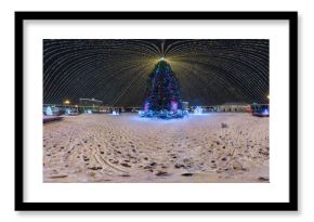  night full 360 panorama on square with Christmas tree with illumination in form of tent on new Year in equirectangular projection with zenith. VR AR content