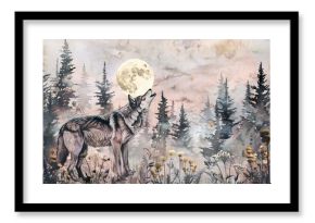 Wolf howling at the moon in a dense forest with pine trees and wildflowers,  watercolor illustration, created by ai