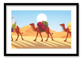 Vector illustration of a desert landscape with sand dunes, a camel caravan and a horseman