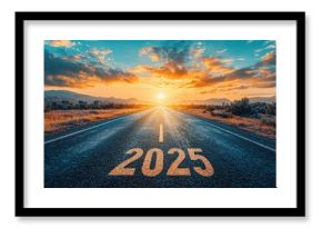 An empty road with "2025" and an arrow painted on the asphalt, pointing toward the horizon, symbolizing the journey toward a positive and successful future in the new year 2025..