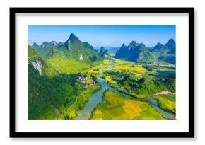 Aerial landscape in Phong Nam valley, Cao bang province, Vietnam with river, nature, rice fields, beautiful destination in Northern Vietnam