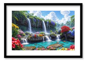 Waterfalls and flowers, beautiful landscape, idyllic background with many flowers in Eden.