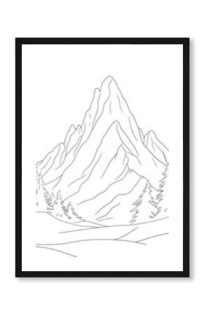 Line Art Illustration of Majestic Mountain Peak, Wilderness Scenery, Nature Illustration