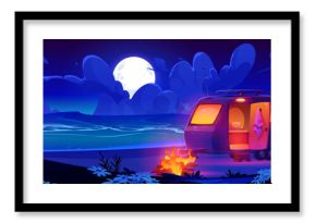 Camper van trailer with campfire under full moon light on sand beach of sea, ocean or lake at night. Dark midnight summer camping holiday landscape with motorhome wagon. Seaside vacation in caravan.