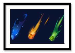 Space comets set isolated on black background. Vector cartoon illustration of neon color asteroid rocks flying in sky with blue ice, orange fire, purple trails, meteorite rain, alien galaxy elements