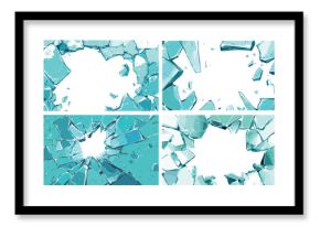 Cartoon broken glass background set. Shattered window with hole, screen with cracks, destruction vector illustration