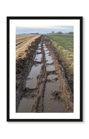 Muddy tire tracks stretch through a vibrant landscape after a spring rain, framed by grass and dark clouds in the sky