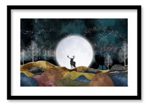 3d modern art mural wallpaper, night landscape, colorful mountains, trees, dark black background with stars and moon